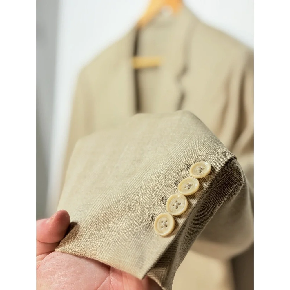 Ash Samtani Hand Tailored 100% Wool 46R Herringbone Blazer Marzoni Fabric Italy